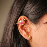 Heritage Pigeon Shaped Kundan Earcuff in Red with Dangling Perals