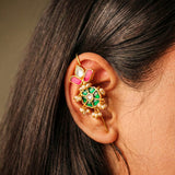 Petal Charm Kundan Earcuff in Pink and Green with Dangling Perals