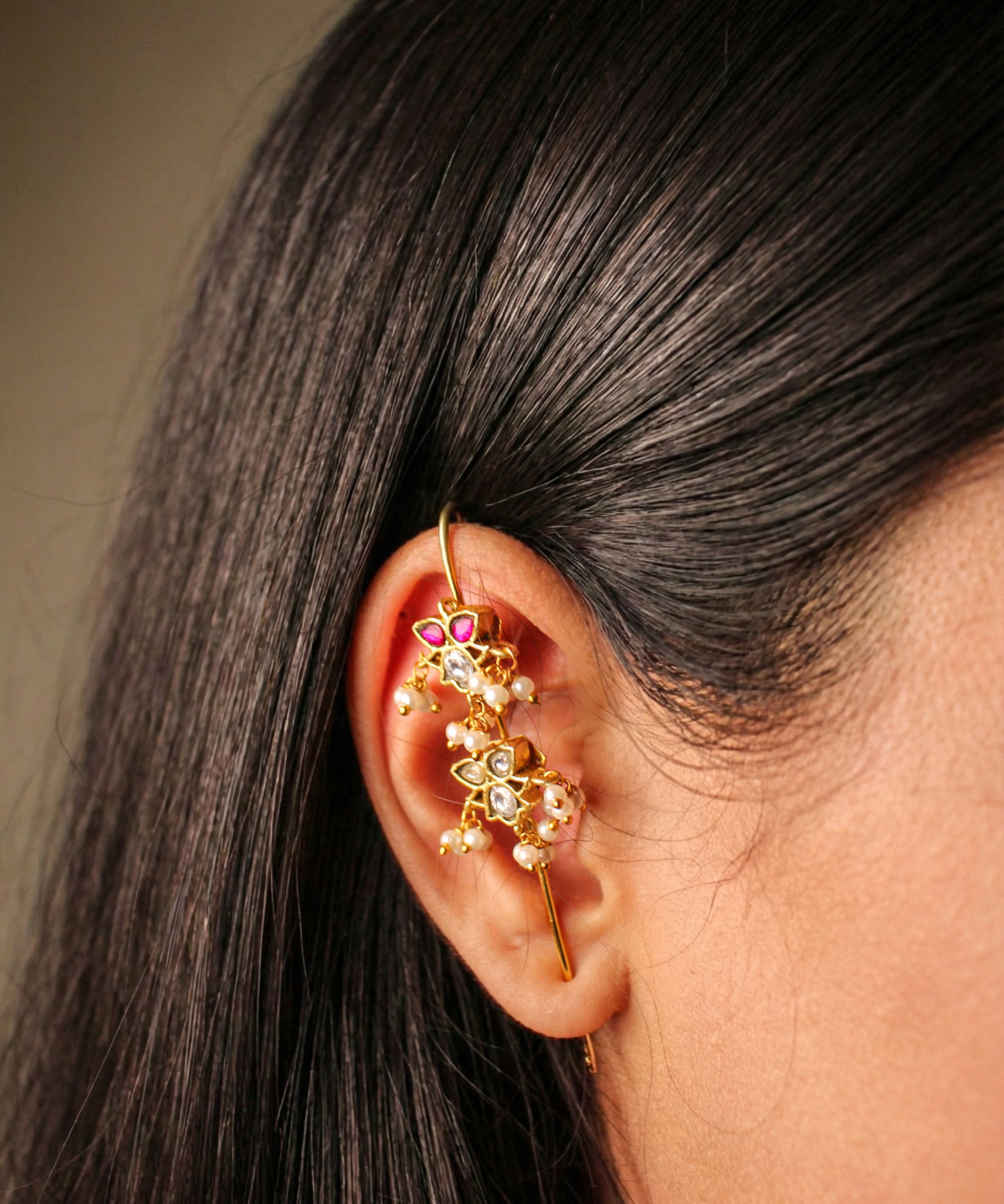 Semi Precious Stones & Kundan Earcuff with Dangling Perals