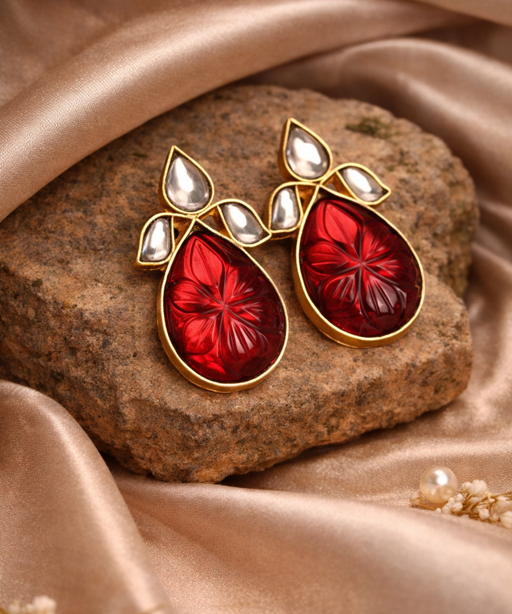 Royal Fusion Studs With Drop Cut Semi Precious Stone & Flower Kundan Design