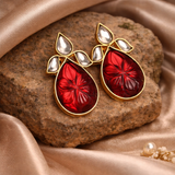 Royal Fusion Studs With Drop Cut Semi Precious Stone & Flower Kundan Design