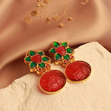 Royal Fusion Studs With Oval Cut Semi Precious Stone in Red & Flower Kundan Design
