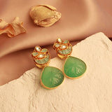Royal Fusion Studs With Drop Cut Semi Precious Stone in Sage Green & Flower Kundan Design