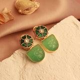 Royal Fusion Studs With Semi-Circle Cut Semi Precious Stone in Sage Green & White Kundan Design
