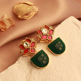 Royal Fusion Studs With Semi-Circle Cut Semi Precious Stone in Green & Flower Kundan Design