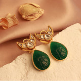 Royal Fusion Studs With Drop Cut Semi Precious Stone in Green & White Kundan Design