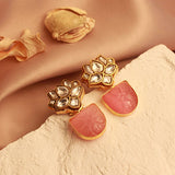 Royal Fusion Studs With Semi-Circle Cut Semi Precious Stone in Pink & Flower Kundan Design