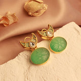 Royal Fusion Studs With Oval Cut Semi Precious Stone in Sage Green & White Kundan Design