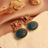 Royal Fusion Studs With Oval Cut Semi Precious Stone in Deep Blue & White Kundan Design