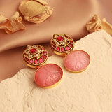 Royal Fusion Studs With Oval Cut Semi Precious Stone in Pink & Flower Kundan Design