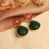Royal Fusion Studs With Drop Cut Semi Precious Stone in Deep Green & Flower Kundan Design