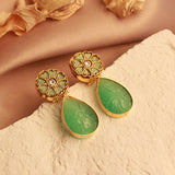 Royal Fusion Studs With Drop Cut Semi Precious Stone in Sage Green & Flower Kundan Design