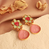 Royal Fusion Studs With Drop Cut Semi Precious Stone in Cotton Pink & Flower Kundan Design