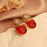 Royal Fusion Studs With Semi-Circle Cut Semi Precious Stone in Red & Flower Kundan Design