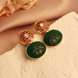 Royal Fusion Studs With Oval Cut Semi Precious Stone in Green & Flower Kundan Design