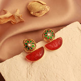 Royal Fusion Studs With Boat Cut Semi Precious Stone in Red & Flower Kundan Design