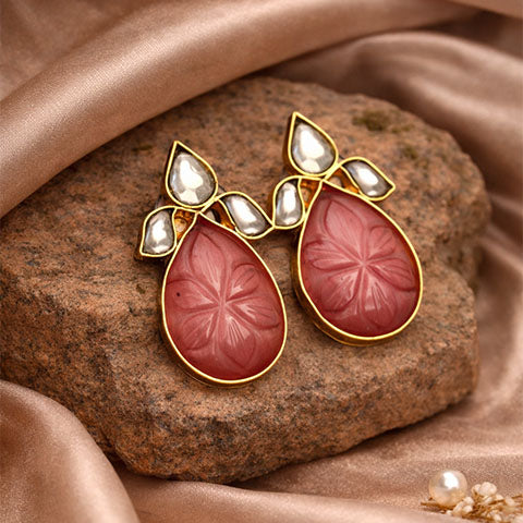 Royal Fusion Studs With Drop Cut Semi Precious Stone & Flower Kundan Design