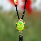 Long Beaded Black Chain with Green Agate pendant with Hanging