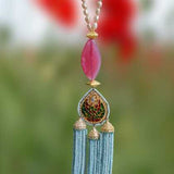 Meena work pendant with blue tassel and pink agate