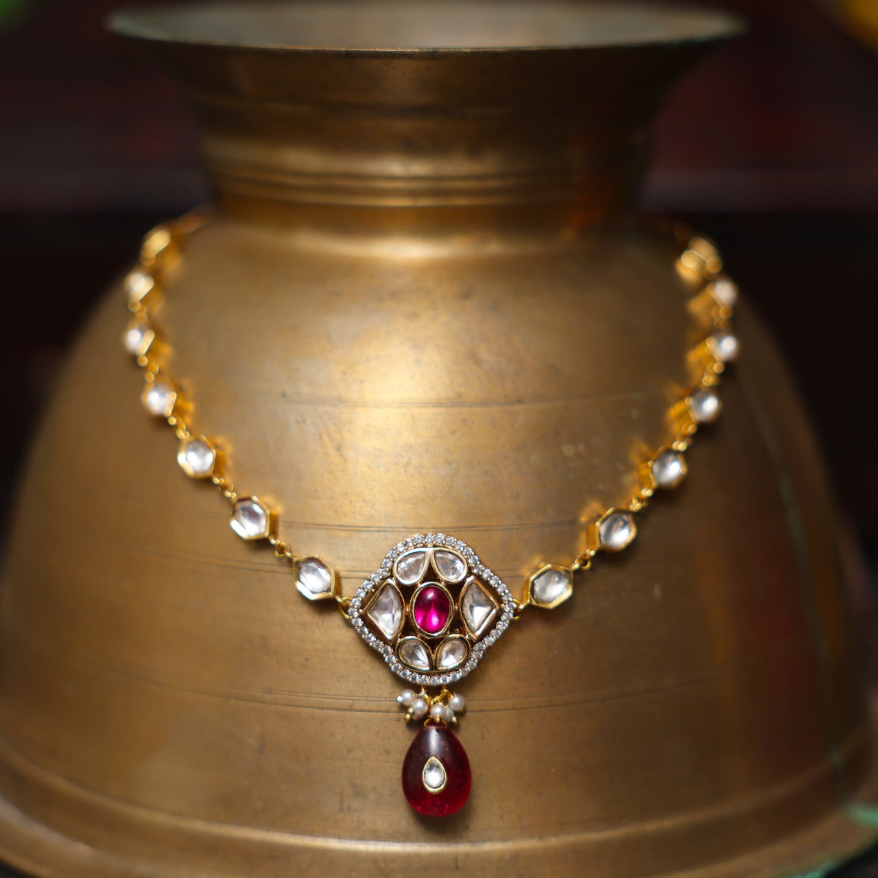 Pink Semi-Precious Stone Heritage Armband with Kundan Studded Embellishments