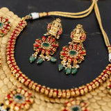 Gold plated kashi mala necklace emebellished with coral and green onyx