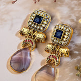 Majestic Long Jhumka, with Blue Sapphire in center and Pink Quartz and Kundan Design